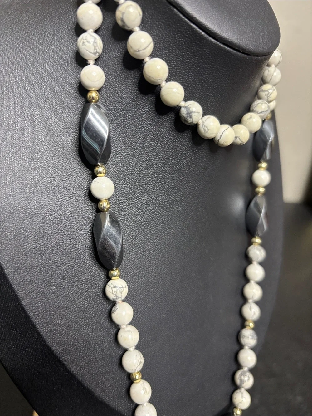Howlite Stone Hematite Beaded Necklace White and Gray Boho Southwestern